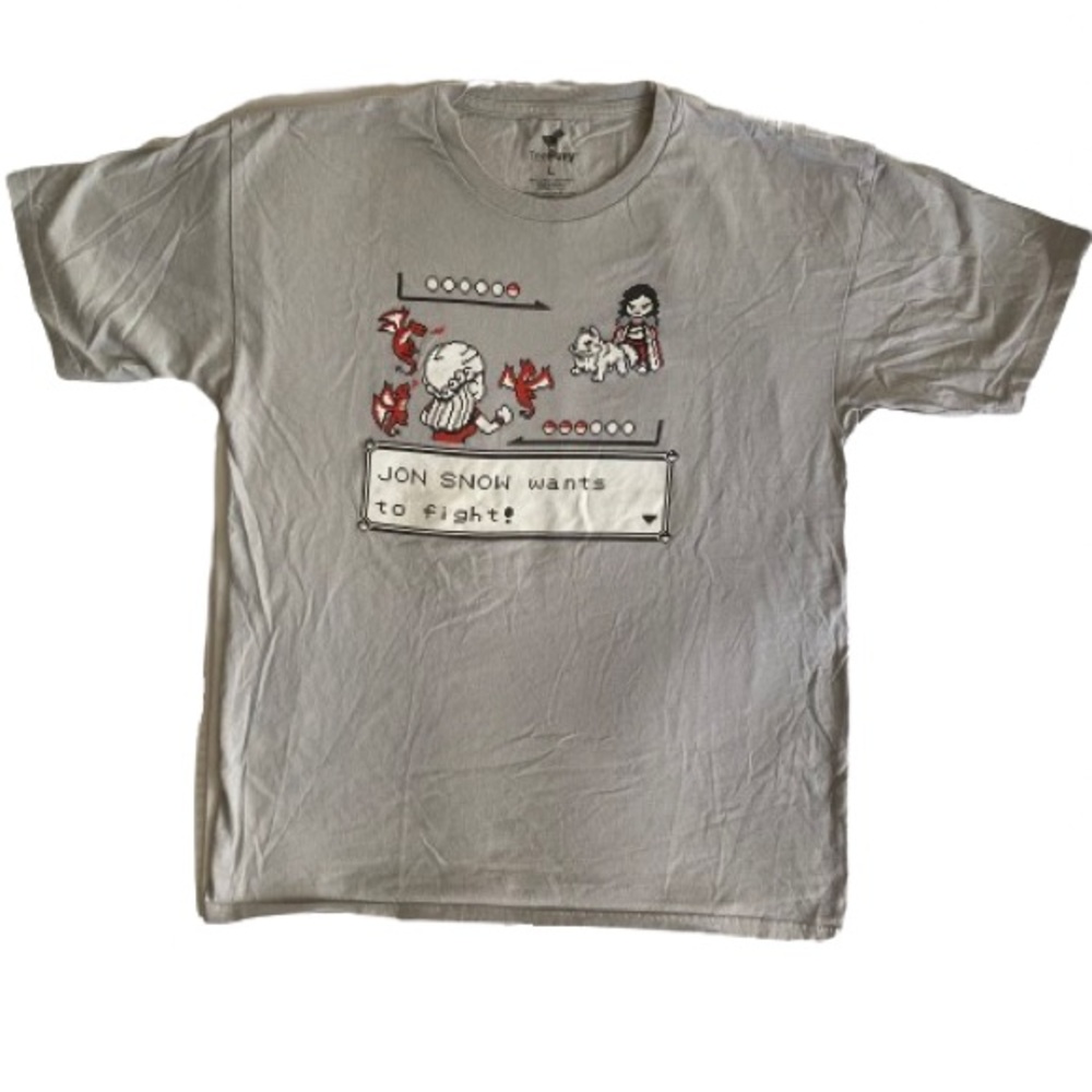 Tee Fury Jon Snow/Pokemon Graphic Gray Men's Tee Size L 100% Cotton, EUC